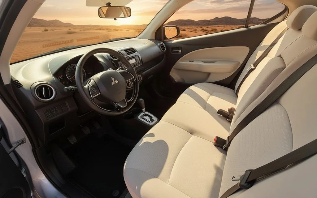 Mitsubishi Attrage 2022 leather seats and cabin – rental in Dubai