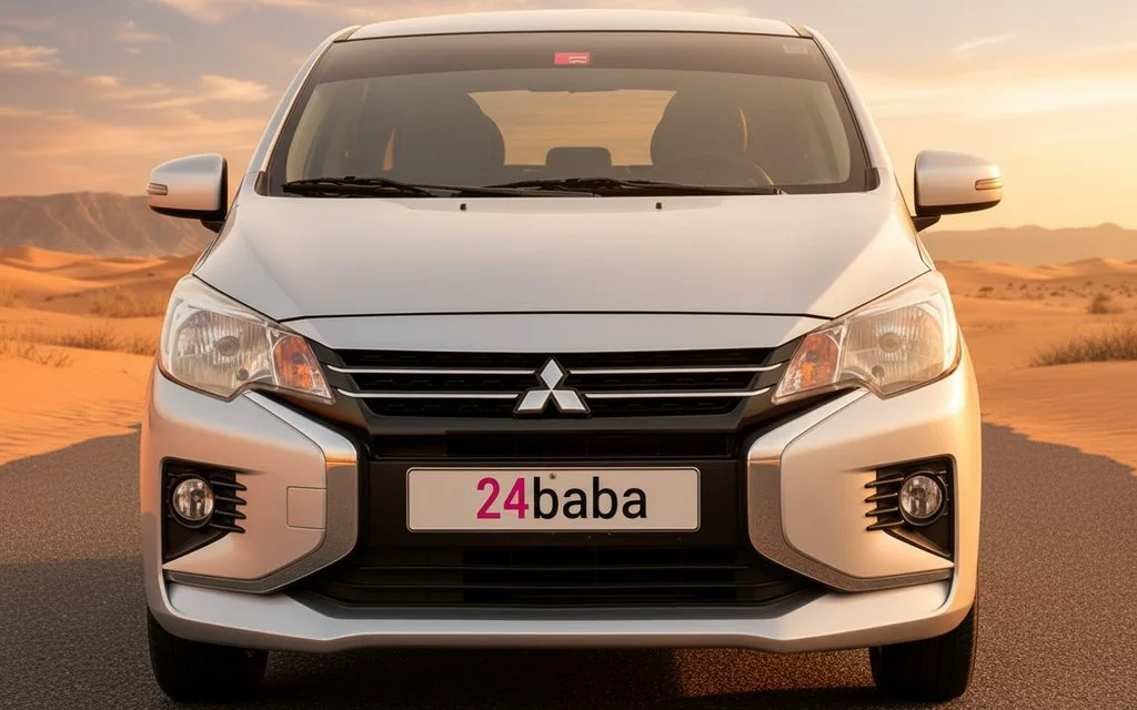 Mitsubishi Attrage 2021 Silver front view with headlights – rental in Dubai