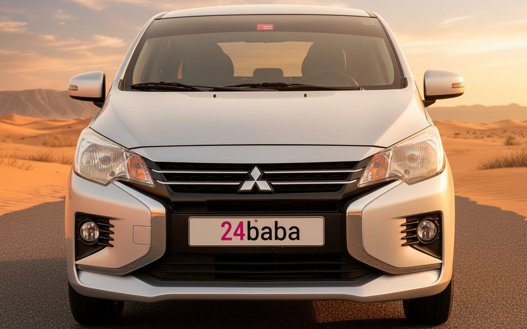 Mitsubishi Attrage 2021 Silver front view with headlights – rental in Dubai