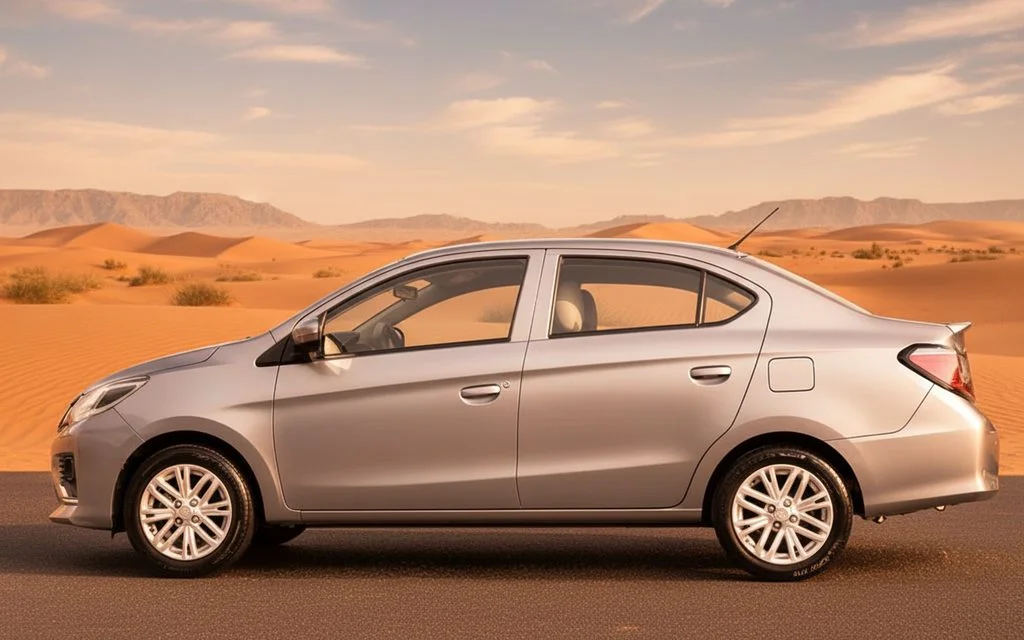 Mitsubishi Attrage 2022 Silver side profile – rental in Dubai