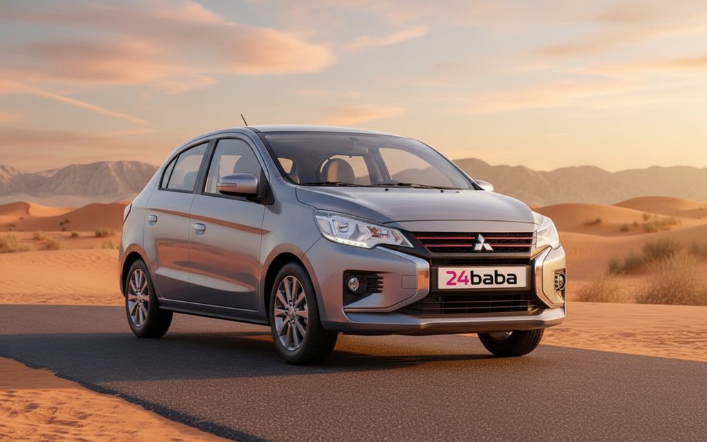 Mitsubishi Attrage 2022 Silver front view with headlights – rental in Dubai