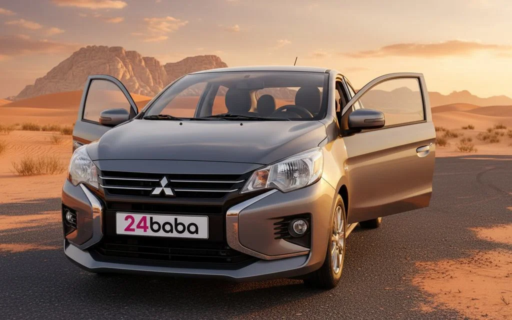 Mitsubishi Attrage 2023 Silver front view with headlights – rental in Dubai