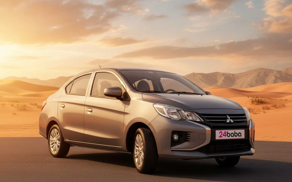 Mitsubishi Attrage 2023 Silver front view with headlights – rental in Dubai