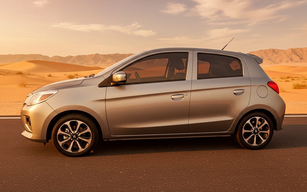 Mitsubishi Mirage 2023 Silver side profile – rental in Dubai