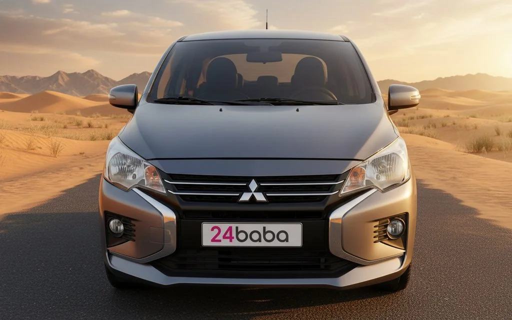 Mitsubishi Mirage 2023 Silver front view with headlights – rental in Dubai