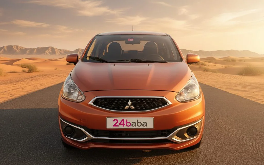 Mitsubishi Mirage 2023 White front view with headlights – rental in Dubai