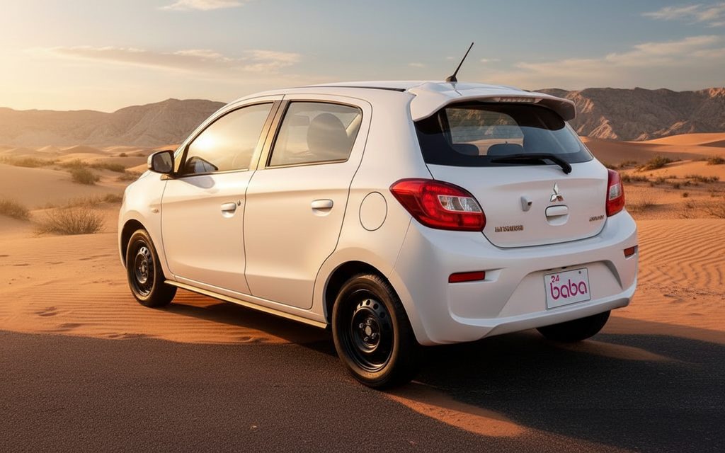 Mitsubishi Mirage 2025 White rear view showing taillights – rental in Dubai