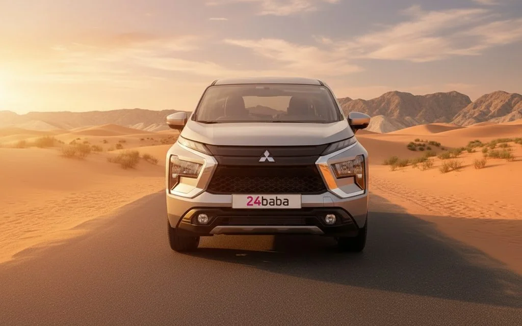 Mitsubishi Xpander 2024 Silver front view with headlights – rental in Dubai