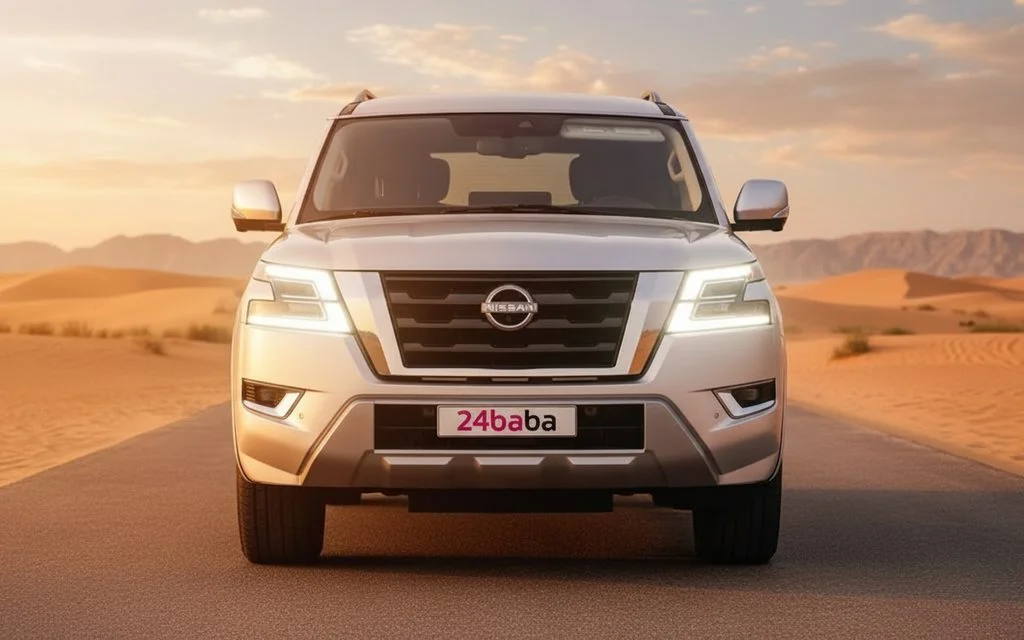 Nissan Armada 2023 White front view with headlights – rental in Dubai
