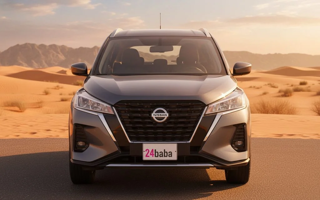 Nissan Kicks 2023 Grey front view with headlights – rental in Dubai