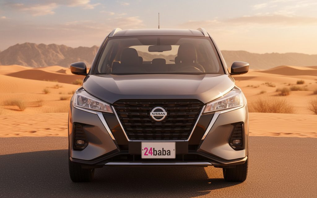 Nissan Kicks 2023 Grey front view with headlights – rental in Dubai