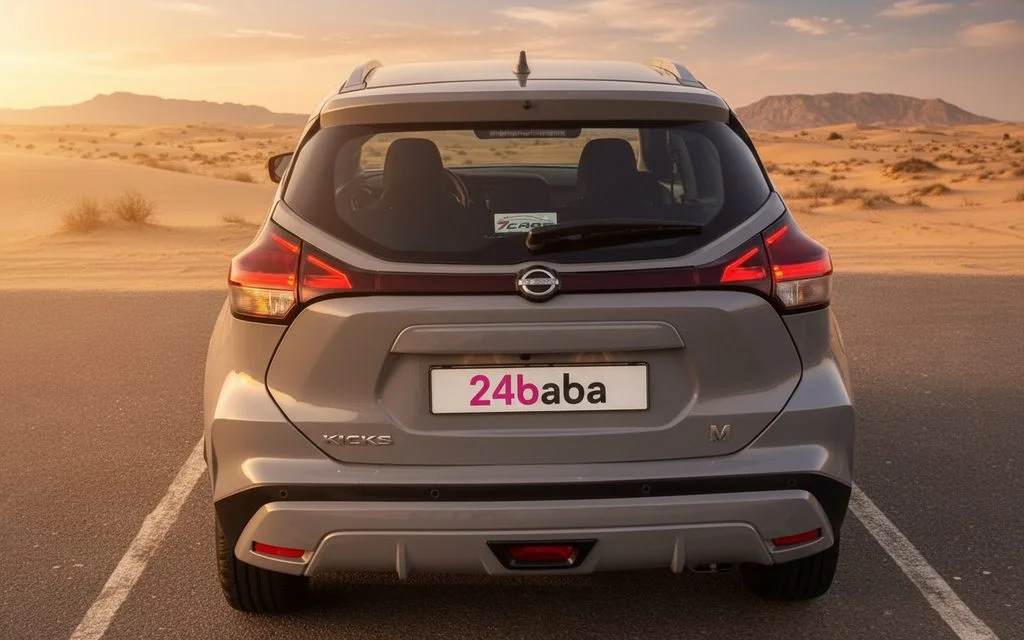 Nissan Kicks 2024 Grey rear view showing taillights – rental in Dubai