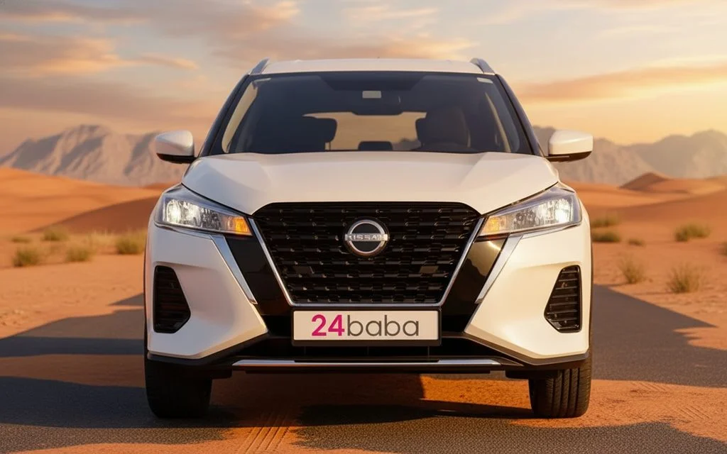 Nissan Kicks 2024 White front view with headlights – rental in Dubai