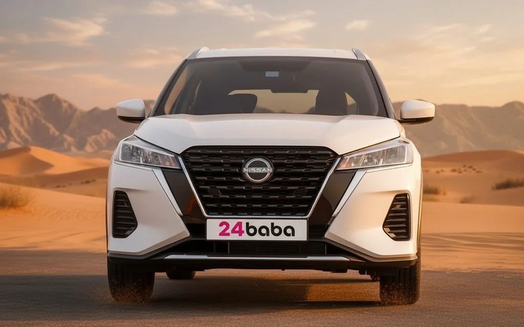 Nissan Kicks 2024 White front view with headlights – rental in Dubai