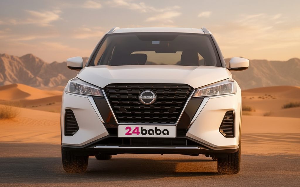 Nissan Kicks 2024 White front view with headlights – rental in Dubai