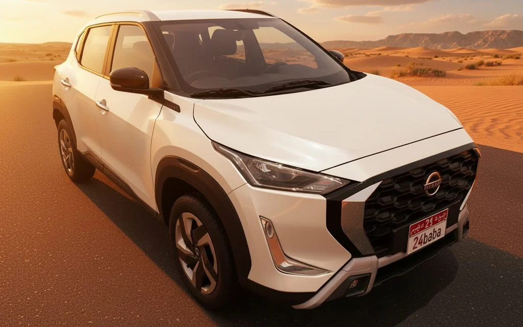 Nissan Magnite 2026 White front view with headlights – rental in Dubai