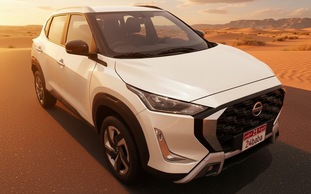 Nissan Magnite 2026 White front view with headlights – rental in Dubai