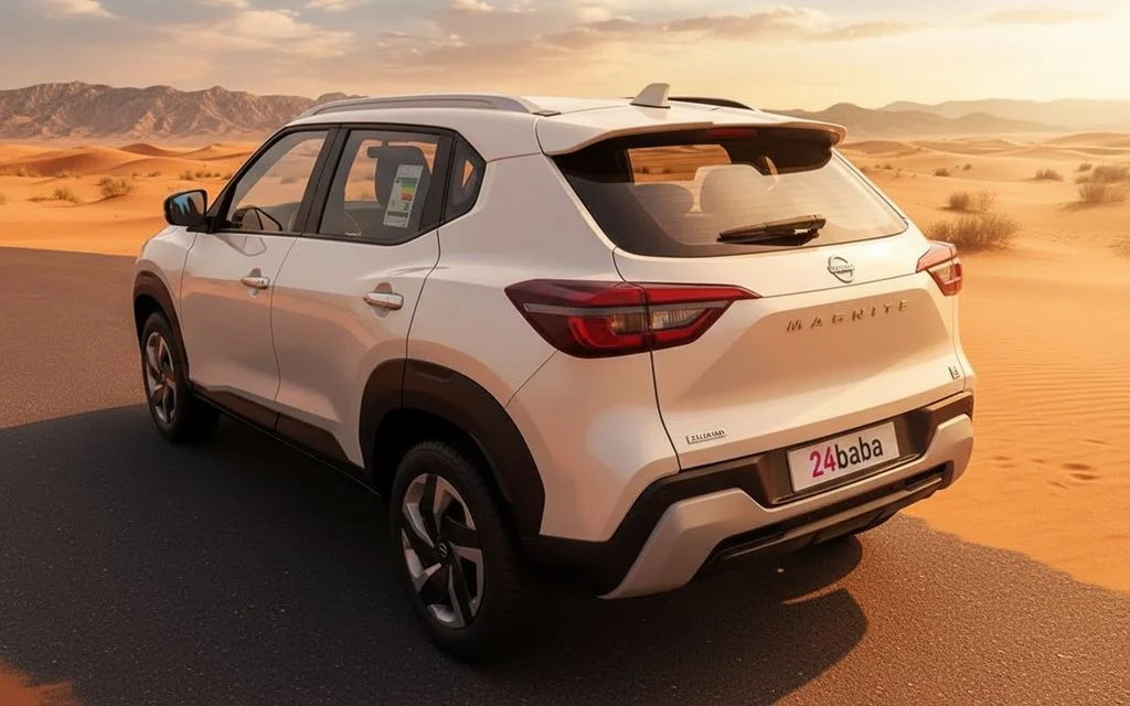 Nissan Magnite 2026 White rear view showing taillights – rental in Dubai