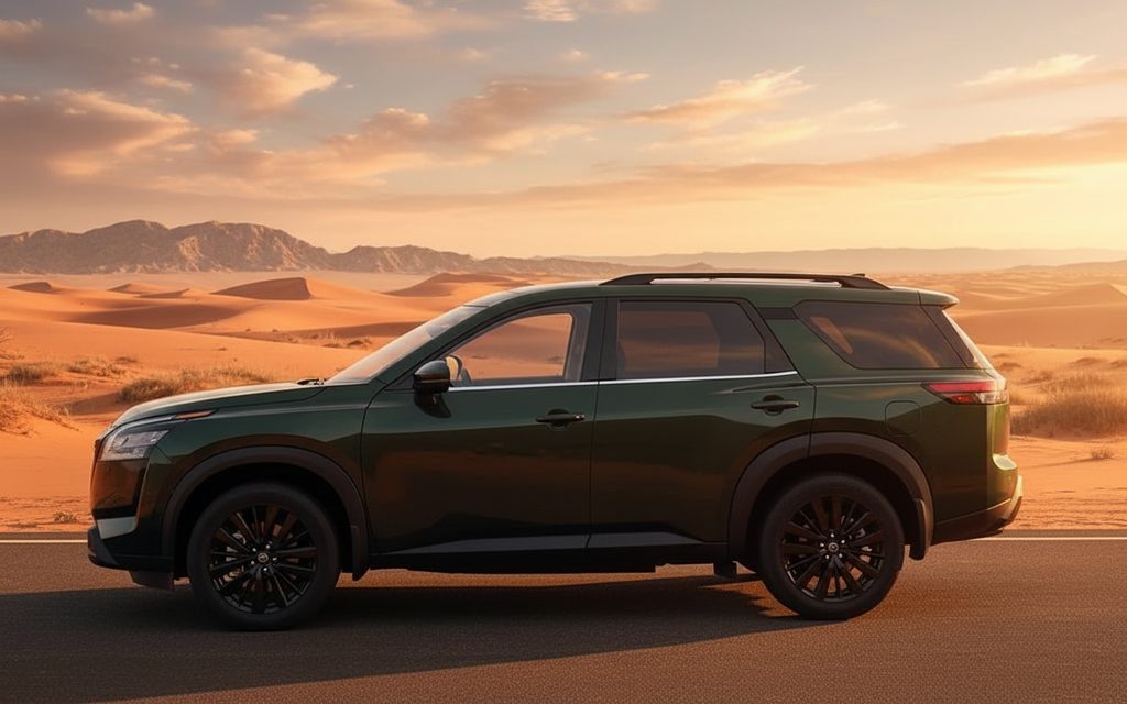 Nissan Pathfinder 2023 Green side profile – rental in Dubai