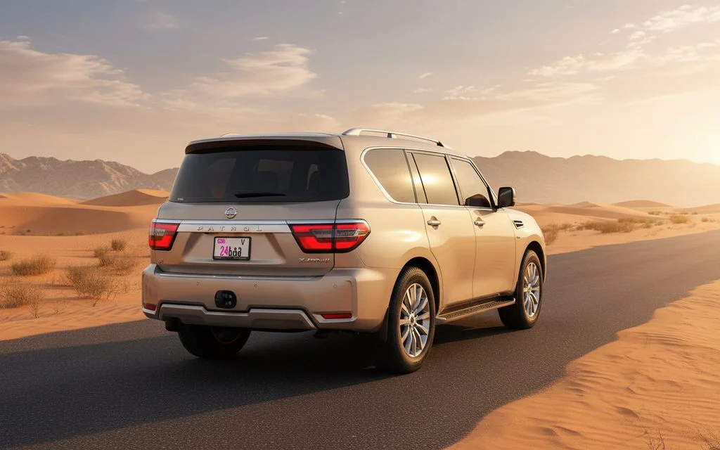 Nissan Patrol 2021 Beige rear view showing taillights – rental in Dubai