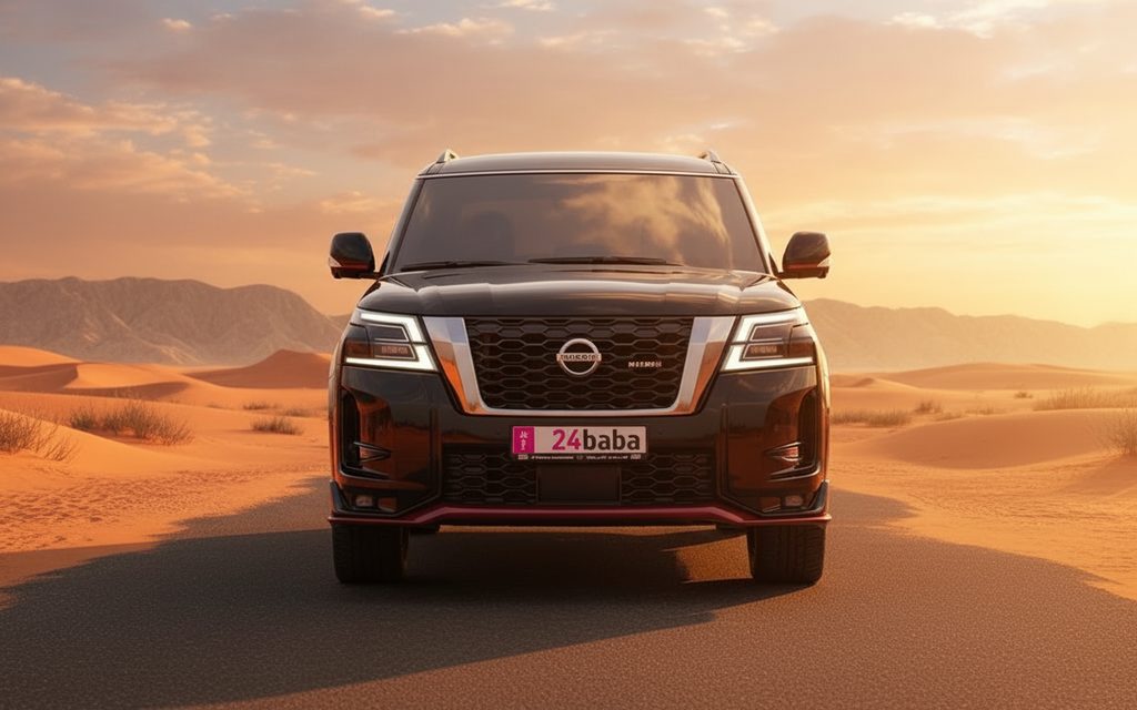 Nissan Patrol 2022 Black front view with headlights – rental in Dubai