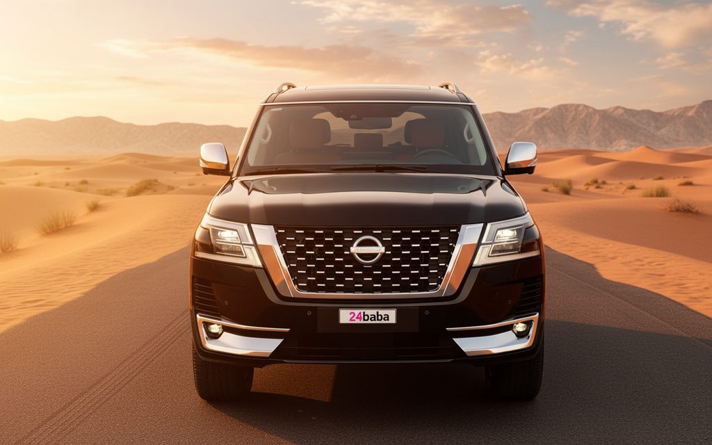 Nissan Patrol 2024 Black front view with headlights – rental in Dubai