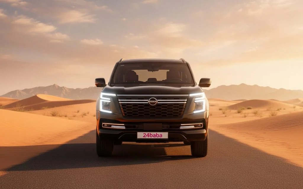 Nissan Patrol 2025 Black front view with headlights – rental in Dubai