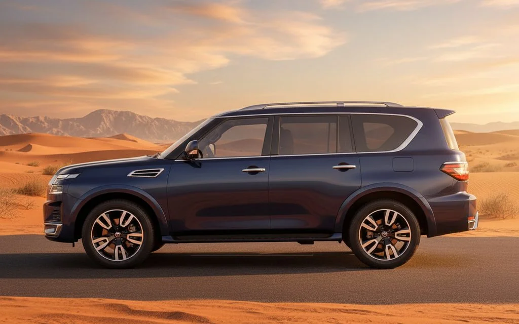 Nissan Patrol 2025 Blue side profile – rental in Dubai