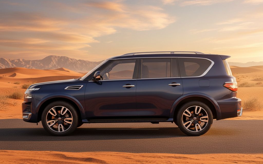Nissan Patrol 2025 Blue side profile – rental in Dubai