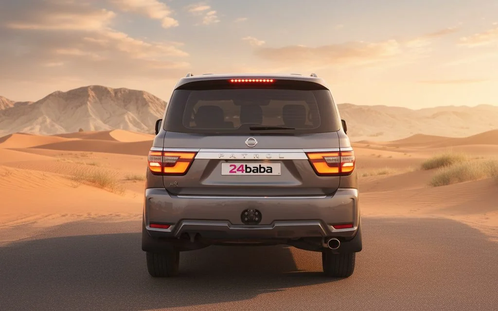 Nissan Patrol 2021 Grey rear view showing taillights – rental in Dubai