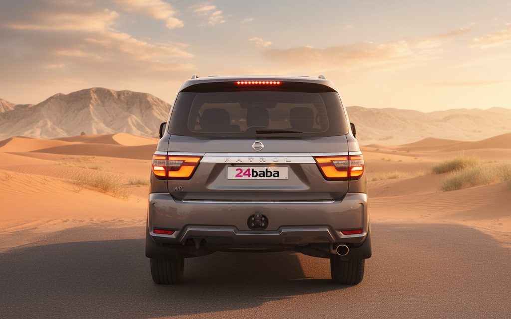 Nissan Patrol 2021 Grey rear view showing taillights – rental in Dubai