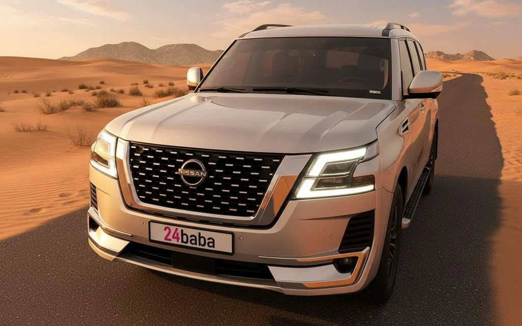 Nissan Patrol 2023 Silver front view with headlights – rental in Dubai