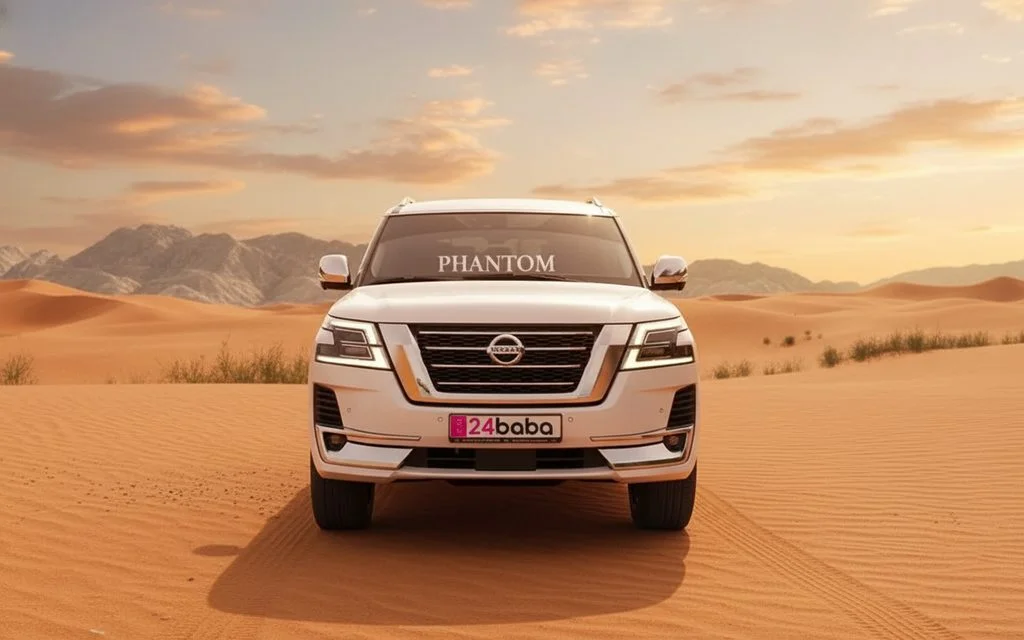 Nissan Patrol 2020 White front view with headlights – rental in Dubai