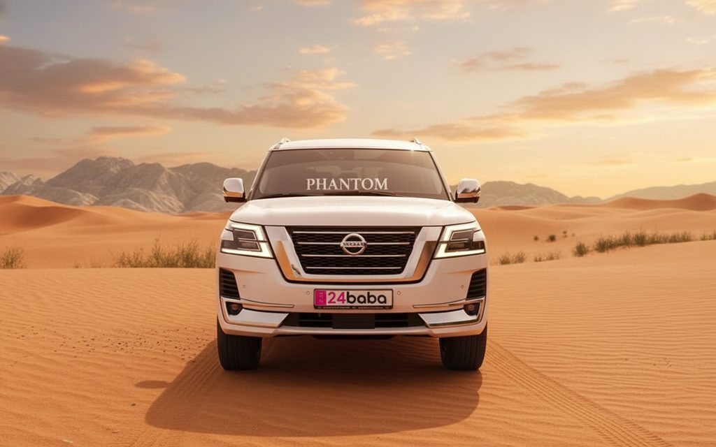 Nissan Patrol 2020 White front view with headlights – rental in Dubai
