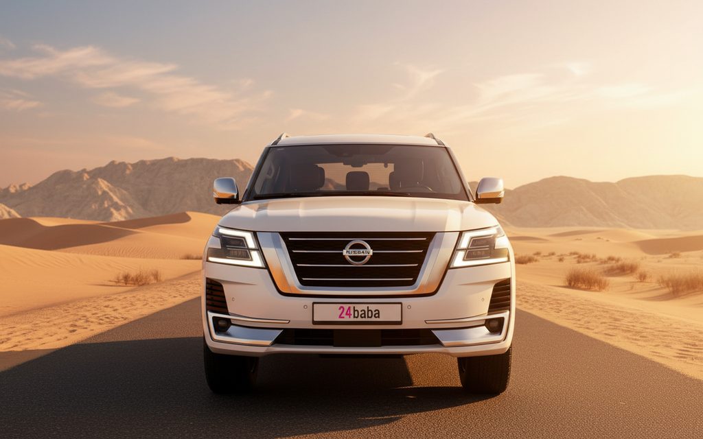 Nissan Patrol 2020 White front view with headlights – rental in Dubai