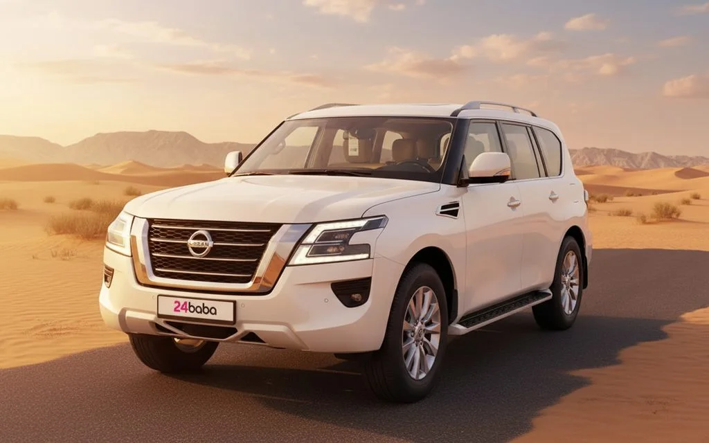 Nissan Patrol 2021 White front view with headlights – rental in Dubai