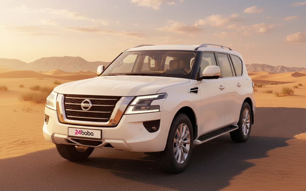 Nissan Patrol 2021 White front view with headlights – rental in Dubai