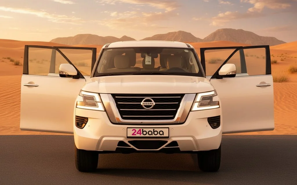 Nissan Patrol 2021 White front view with headlights – rental in Dubai