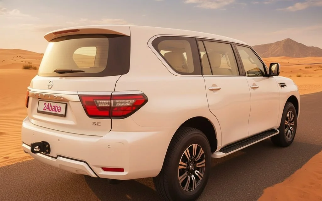 Nissan Patrol 2021 White rear view showing taillights – rental in Dubai
