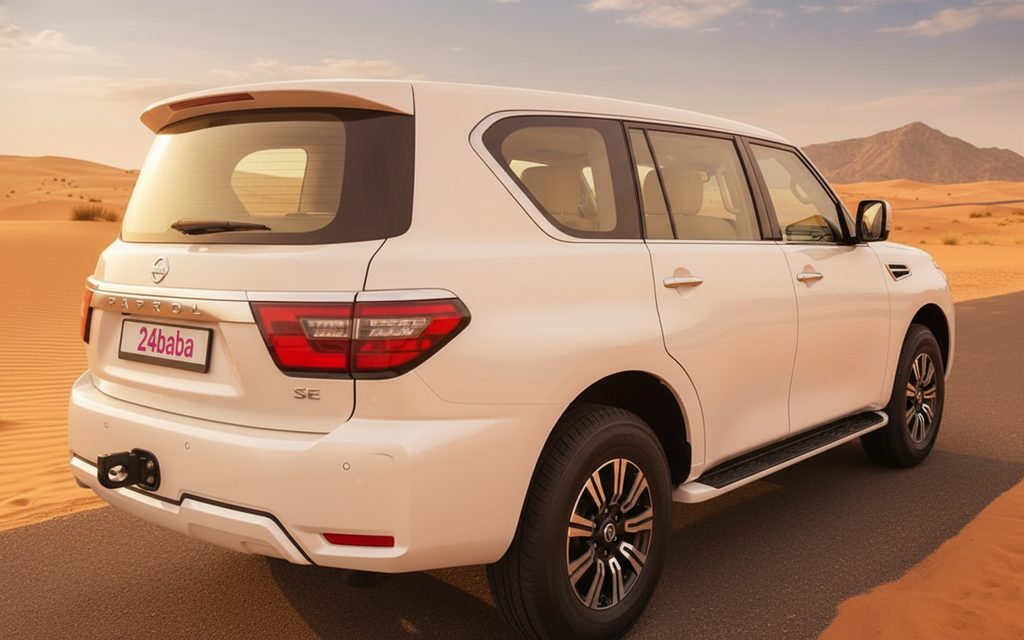Nissan Patrol 2021 White rear view showing taillights – rental in Dubai
