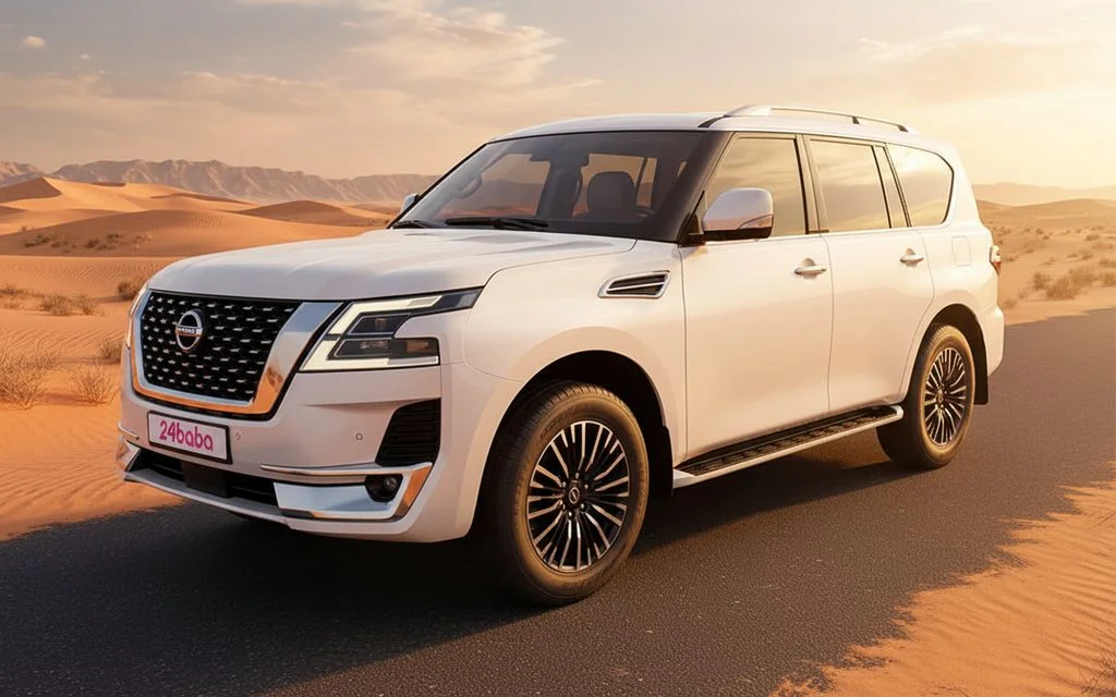 Nissan Patrol 2022 White front view with headlights – rental in Dubai