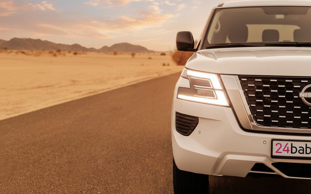 Nissan Patrol 2023 White front view with headlights – rental in Dubai