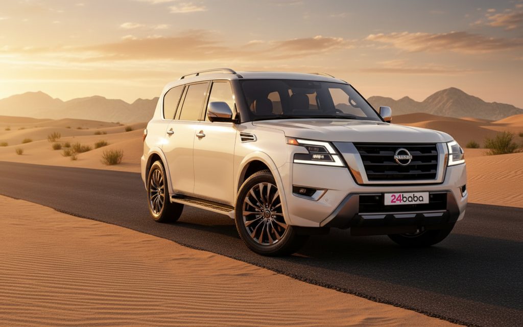 Nissan Patrol 2024 White front view with headlights – rental in Dubai