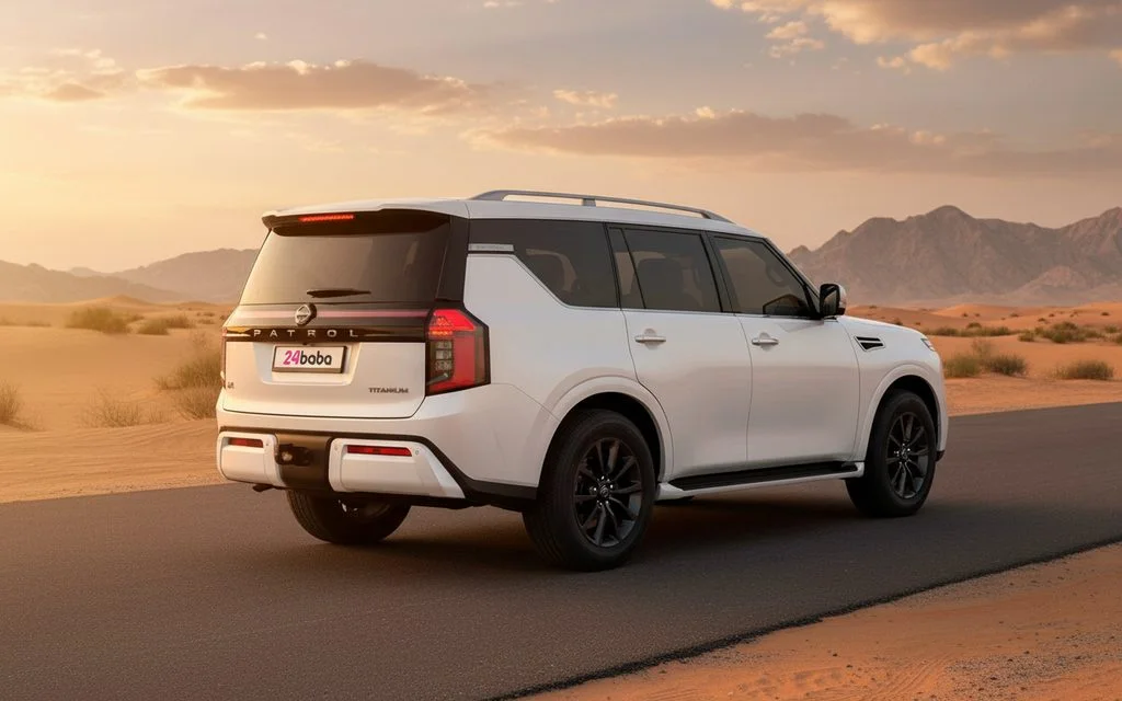 Nissan Patrol 2025 White rear view showing taillights – rental in Dubai