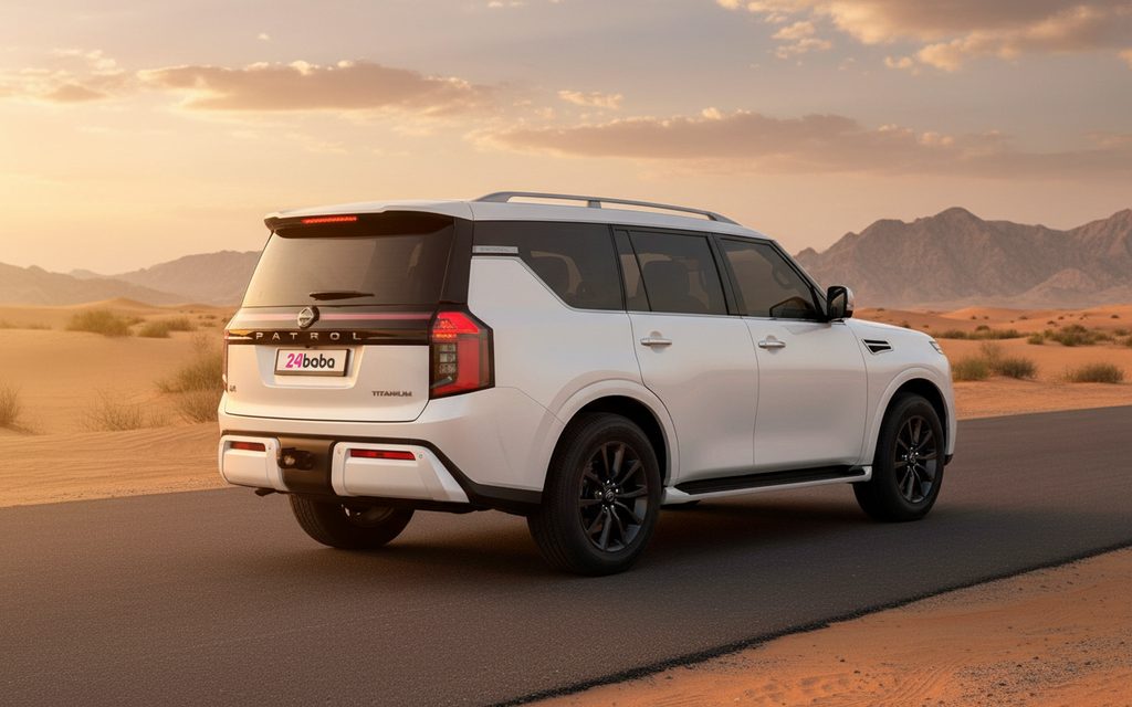 Nissan Patrol 2025 White rear view showing taillights – rental in Dubai