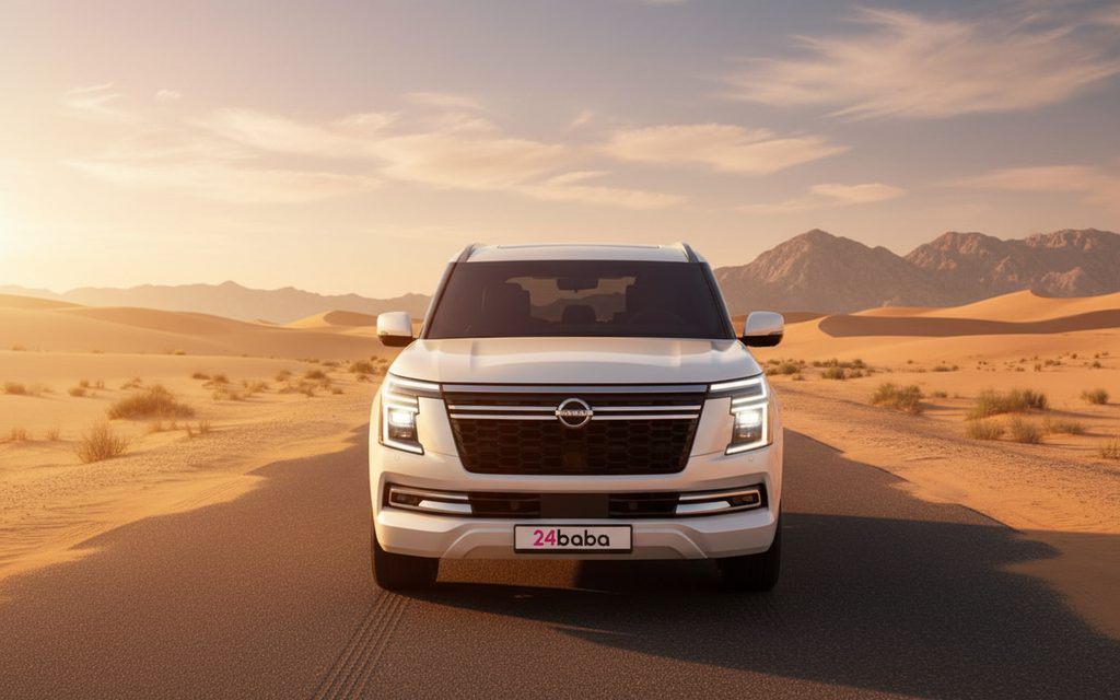 Nissan Patrol 2025 White front view with headlights – rental in Dubai