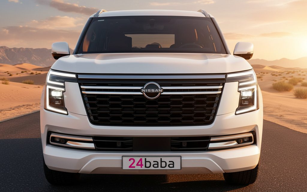 Nissan Patrol 2025 White front view with headlights – rental in Dubai