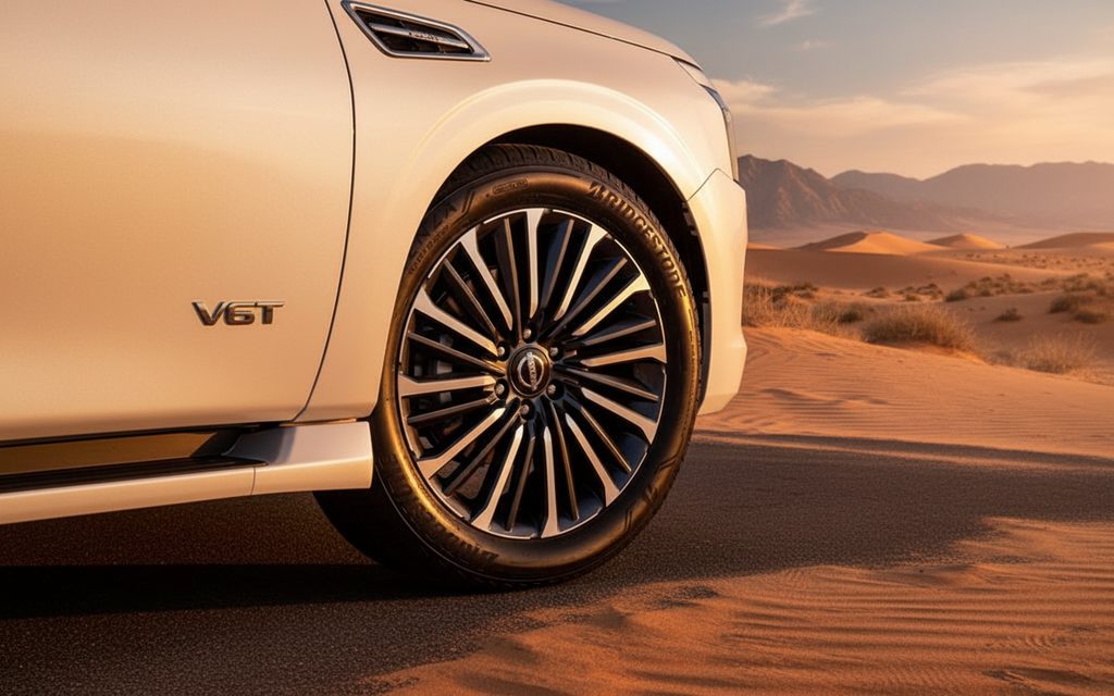 Nissan Patrol 2025 alloy wheel close up – rental in Dubai