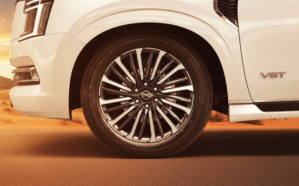 Nissan Patrol 2025 alloy wheel close up – rental in Dubai