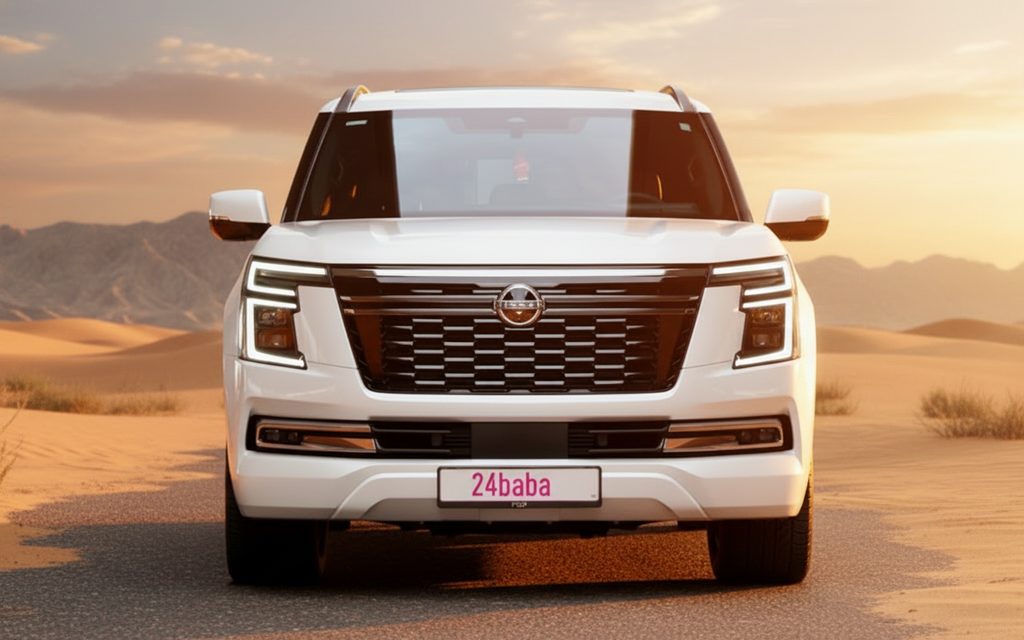 Nissan Patrol 2025 White front view with headlights – rental in Dubai